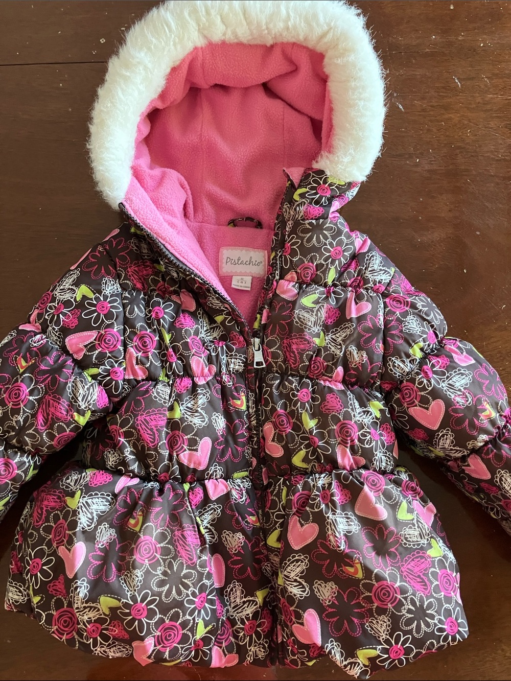 Pistachio Girls Size 4 Floral Heart Puffer Coat Faux Fur Hood Pink Fleece